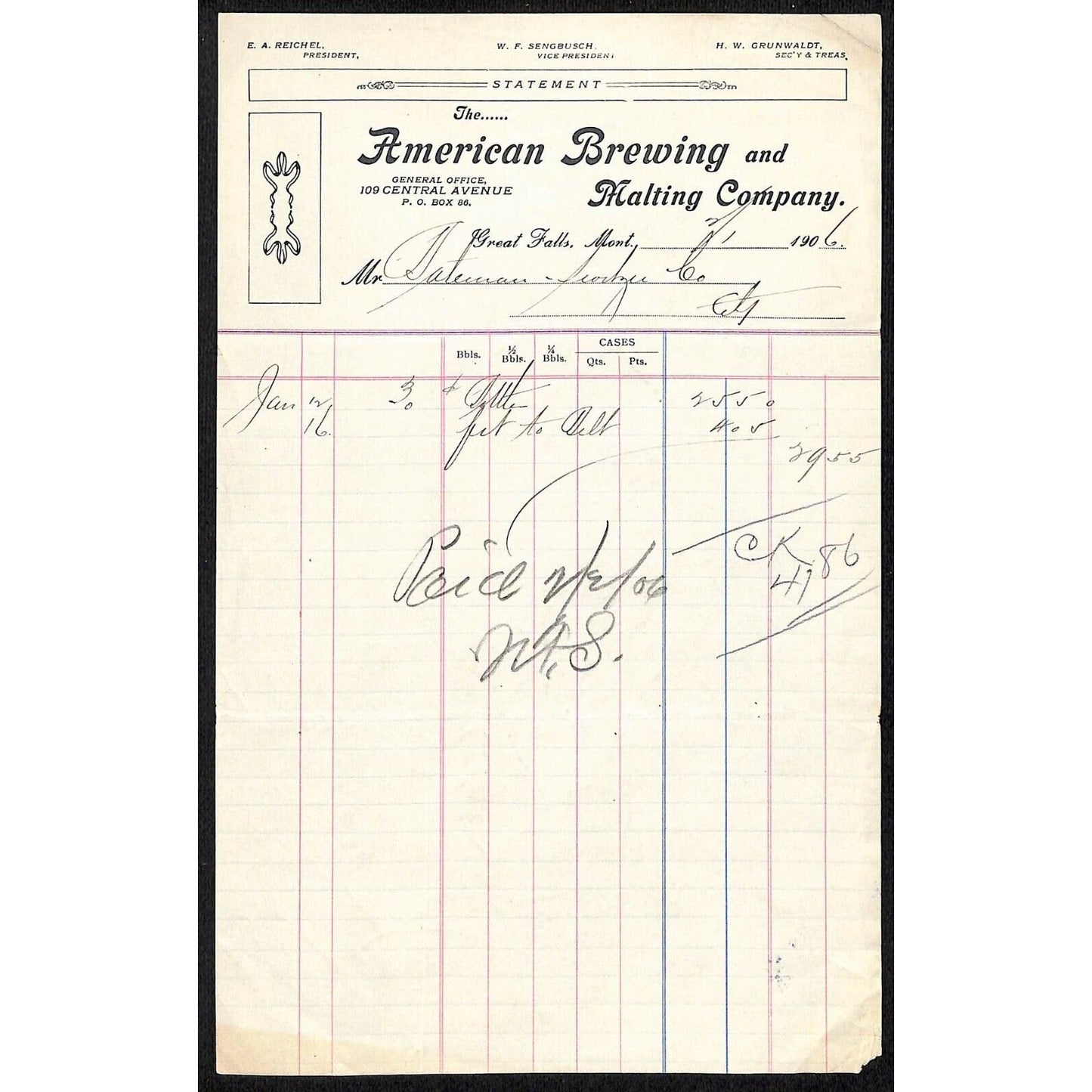 Great Falls, MT American Brewing and Malting Co. 1906 Statement Billhead Switzer