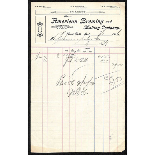 Great Falls, MT American Brewing and Malting Co. 1906 Statement Billhead Switzer