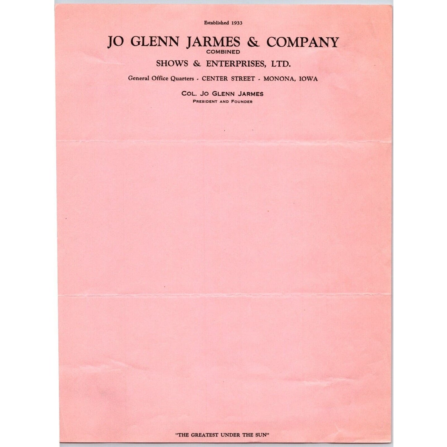Jo Glenn Jarmes & Company Combined Shows c1936 Circus Letterhead Scarce