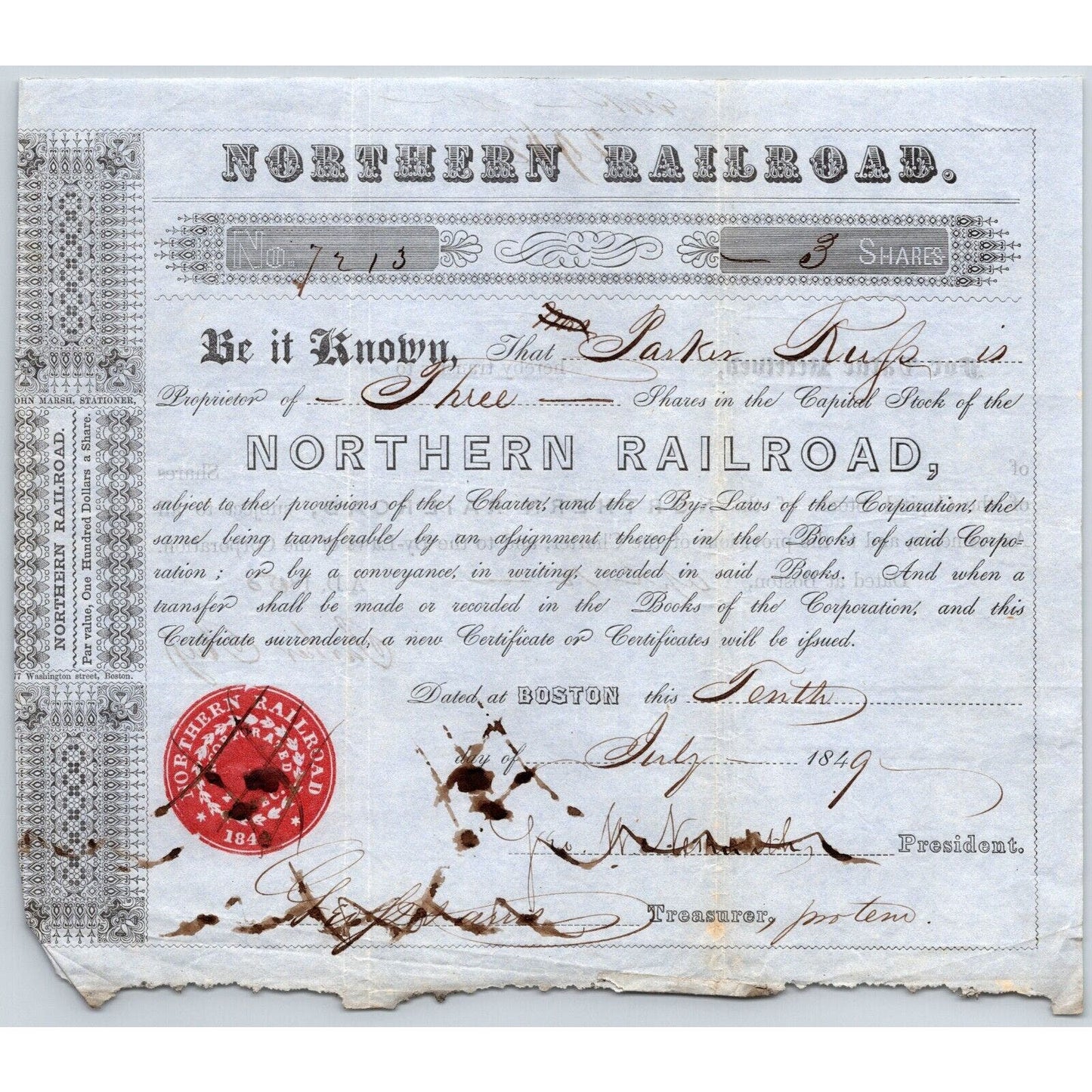 1849 Boston, MA Northern Railroad Stock Certificate No. 7213 for 3 Shares