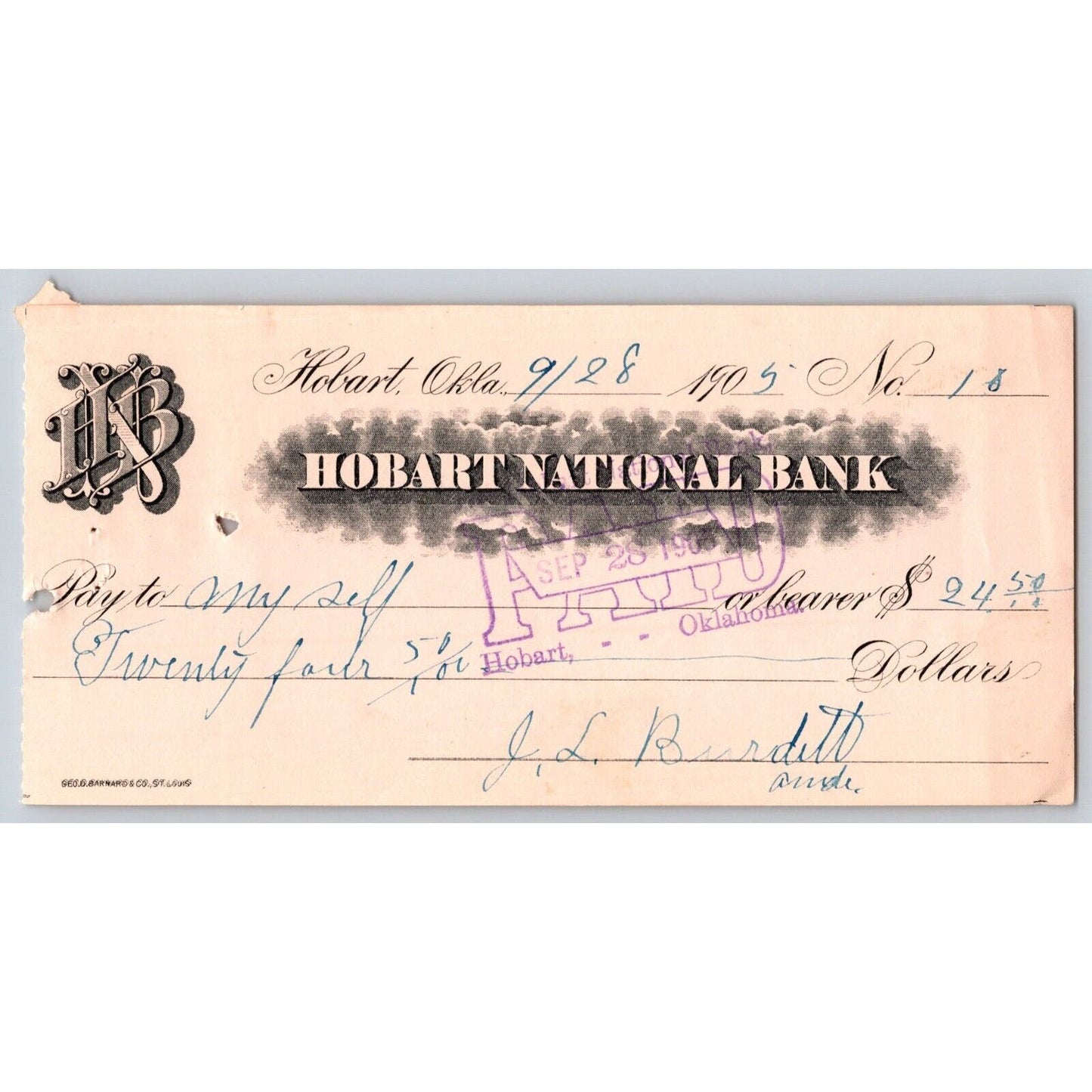 Hobart, Oklahoma Territorial 1905 "Hobart National Bank" Check $24.50