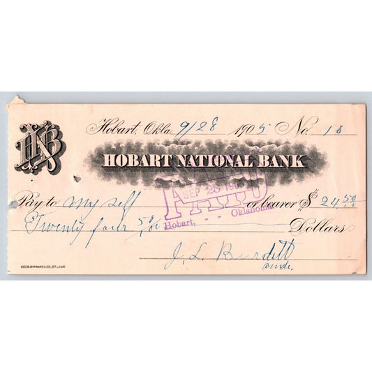 Hobart, Oklahoma Territorial 1905 "Hobart National Bank" Check $24.50