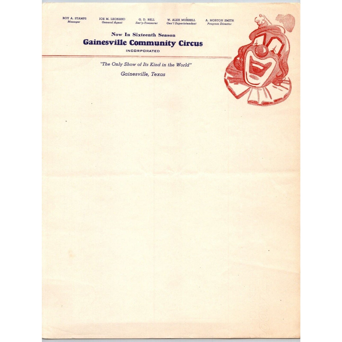 Gainesville Community Circus Letterhead Texas Centennial Center c1945 Scarce