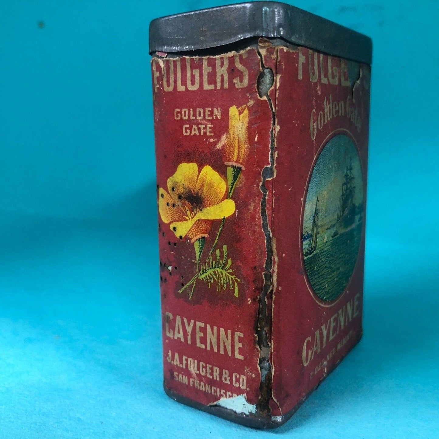 Folger's Golden Gate Cayenne Spice Tin 3 3/8"h c1910 Paper Label Scarce