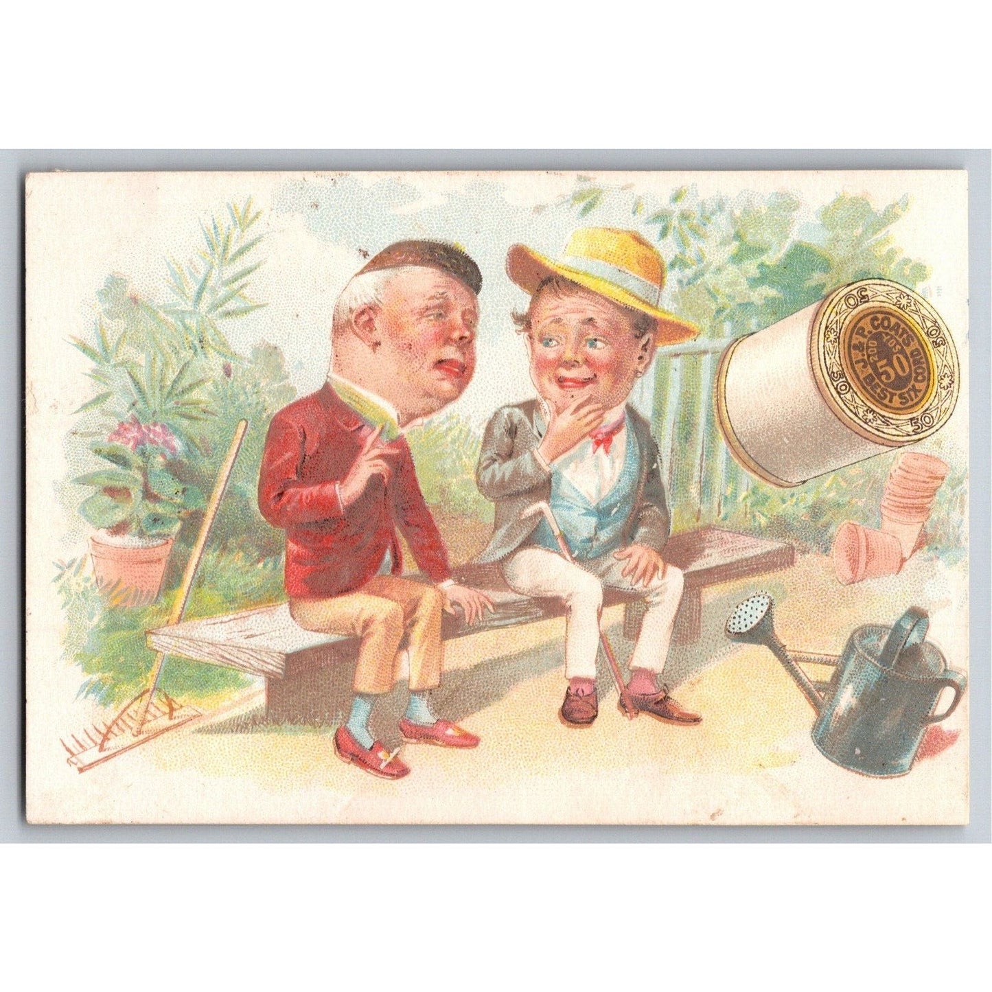 Men Exaggerated Heads Sit and Talk Victorian Trade Card - JP Coats Thread