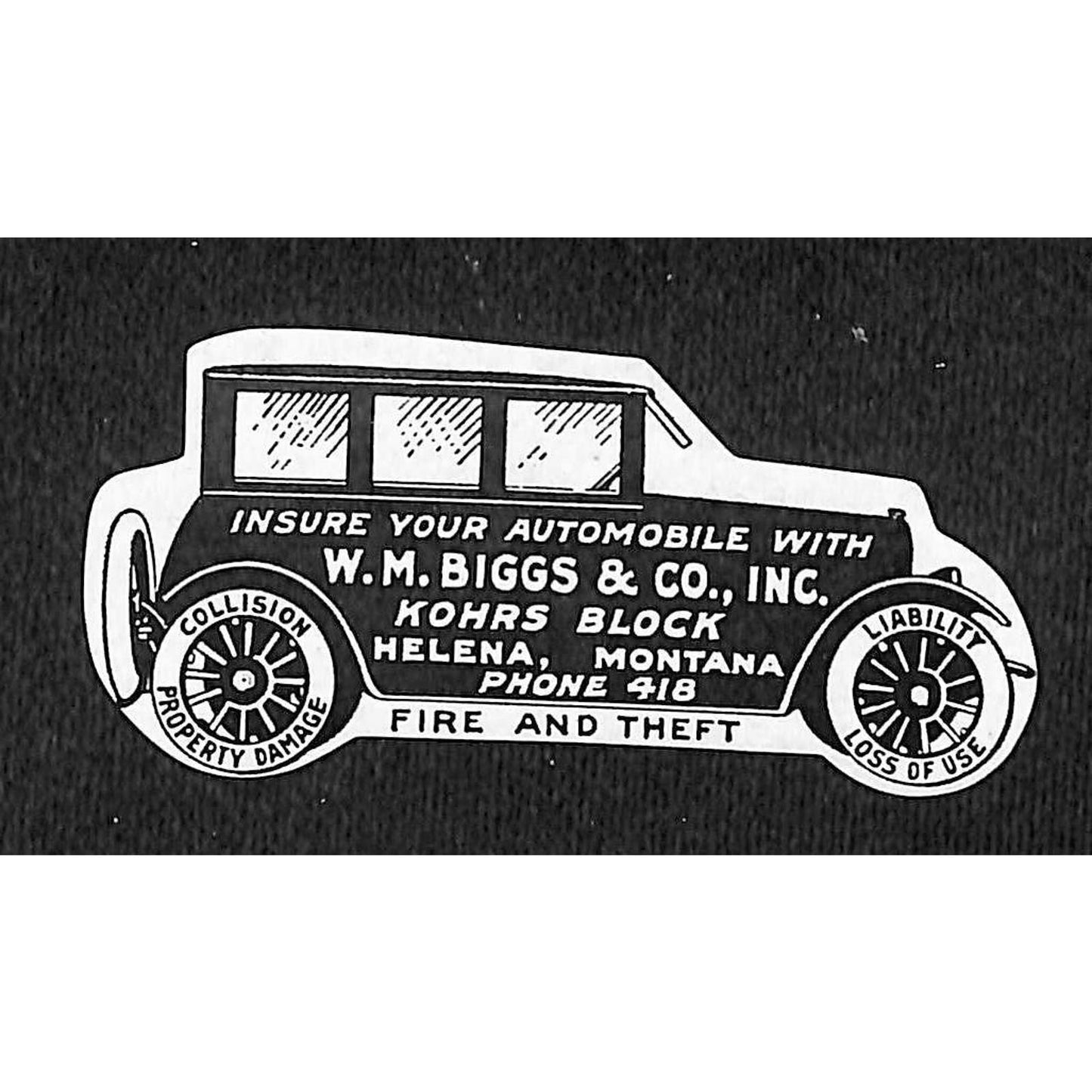 Helena Montana W.M. Biggs & Co. Automobile Insurance Gum Adh. Adv. Label c1915