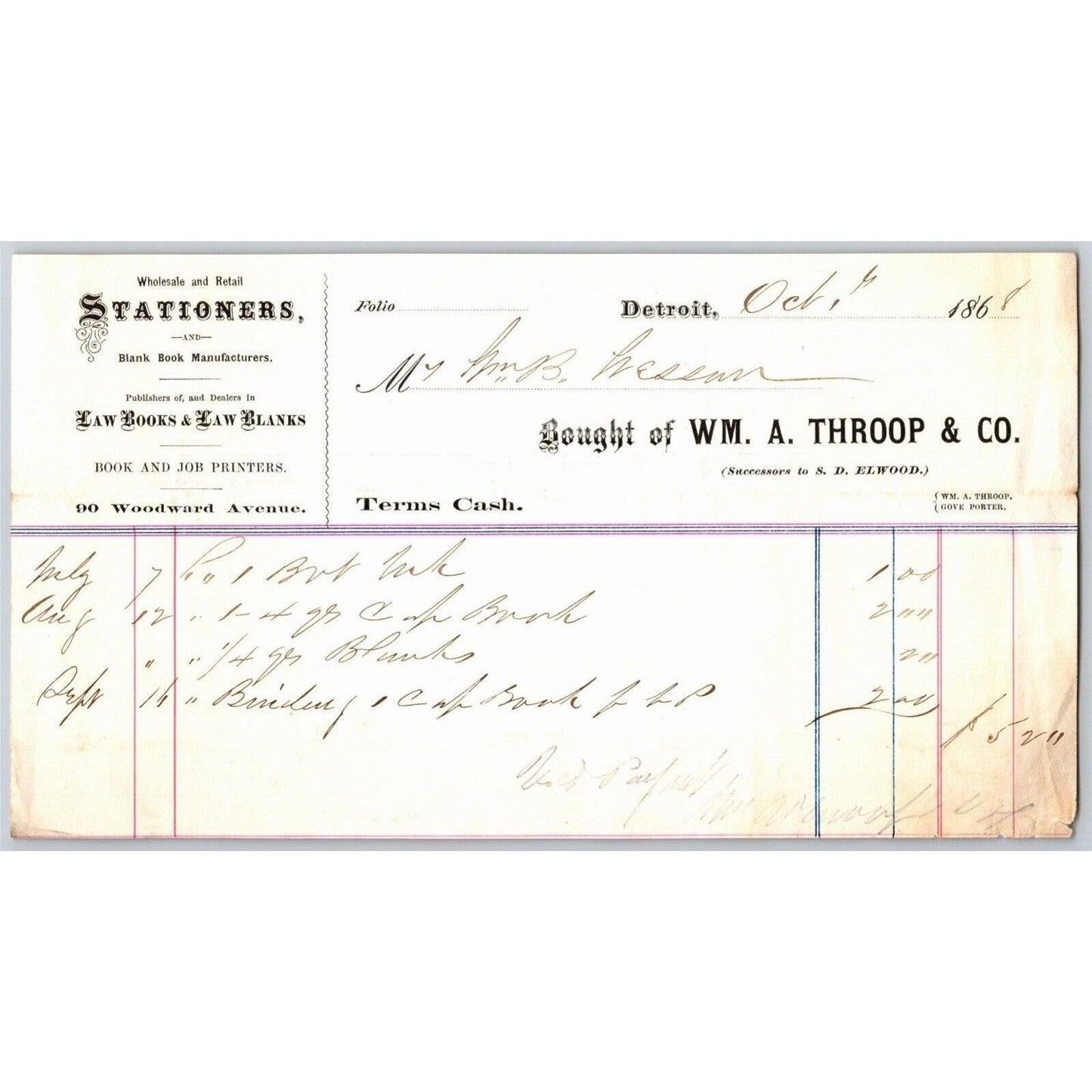 Detroit Letterhead W. A. Throop & Co. Stationers "Law Books and Law Blanks" 1868