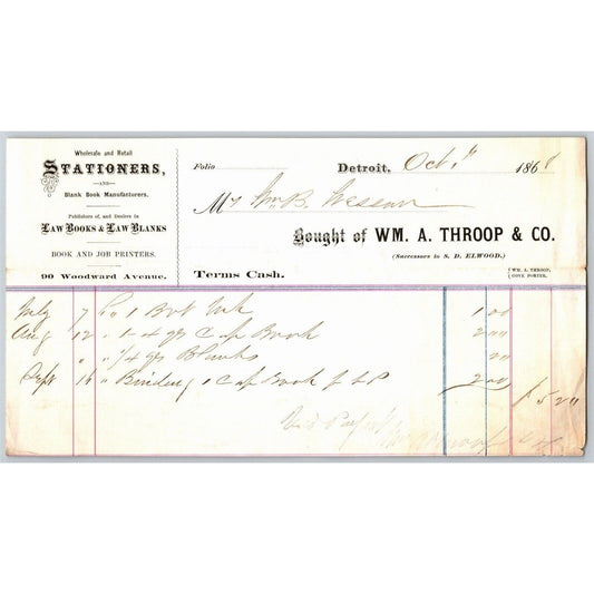 Detroit Letterhead W. A. Throop & Co. Stationers "Law Books and Law Blanks" 1868