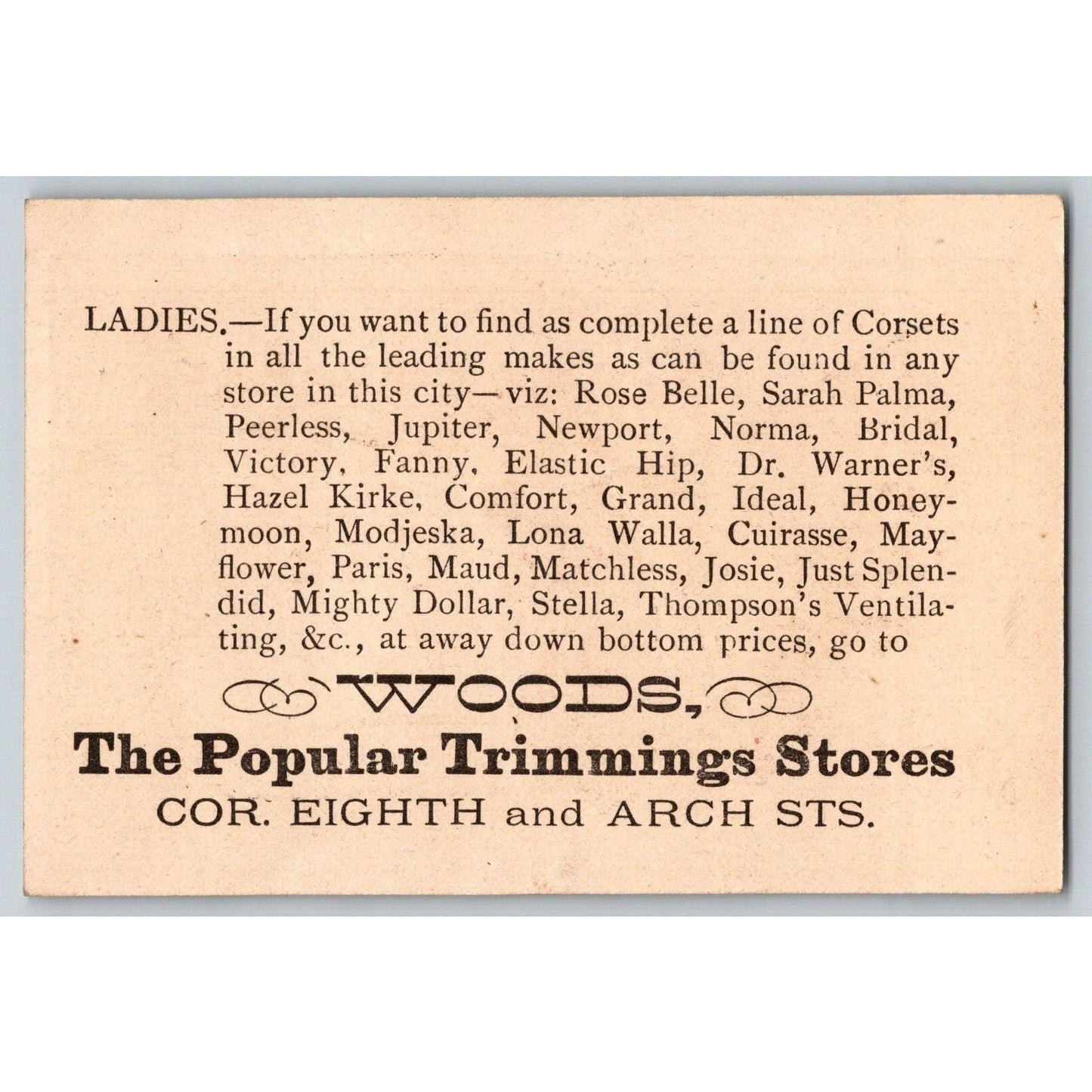 John W. Woods Trimming Stores (Baltimore?) Victorian Trade Card