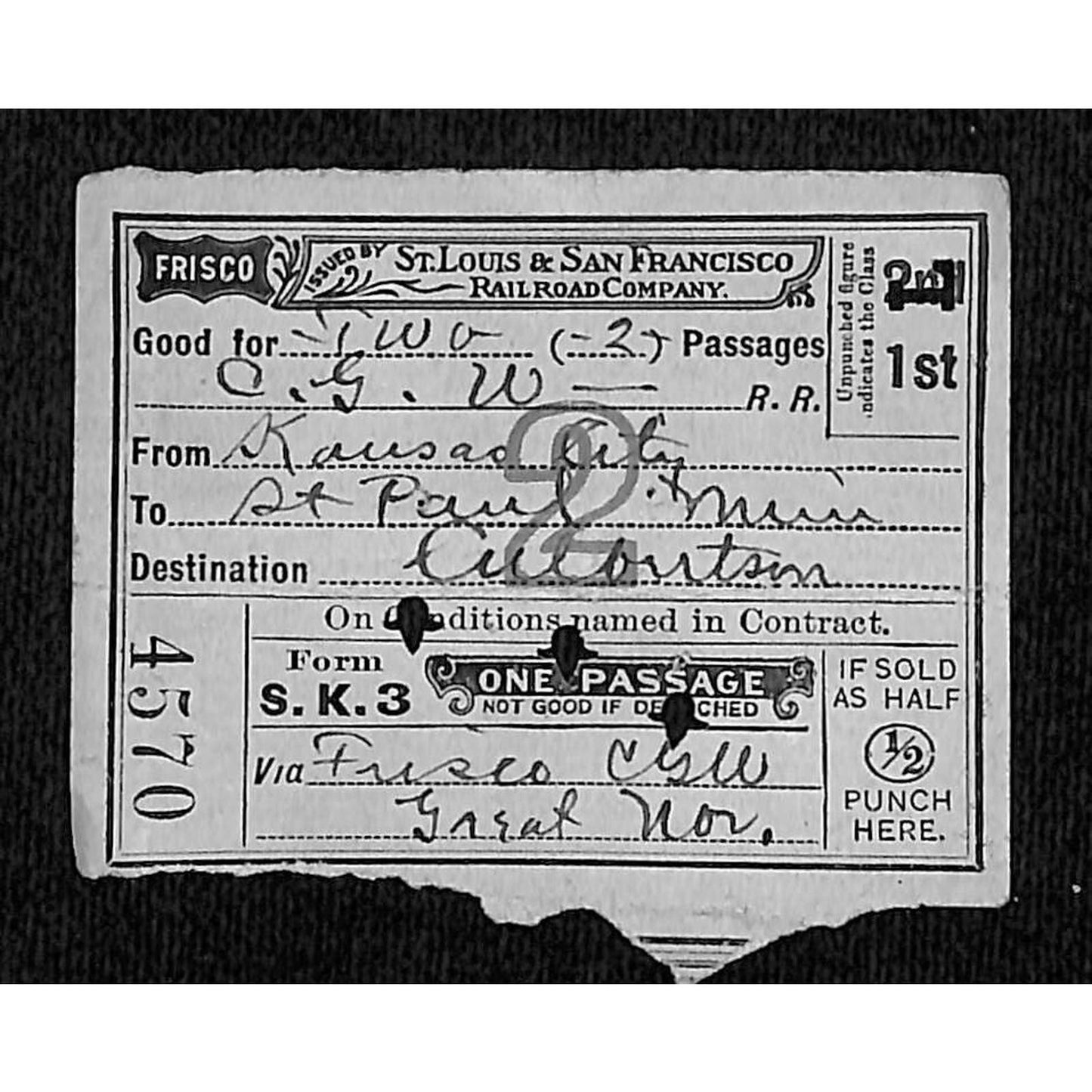 St. Louis & San Francisco Railroad 1910 Ticket Culberson #4570