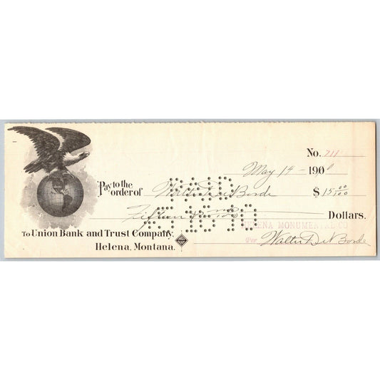 Helena Montana Monumental Co. Union Bank Trust Check 1910 Globe Eagle Vignette
