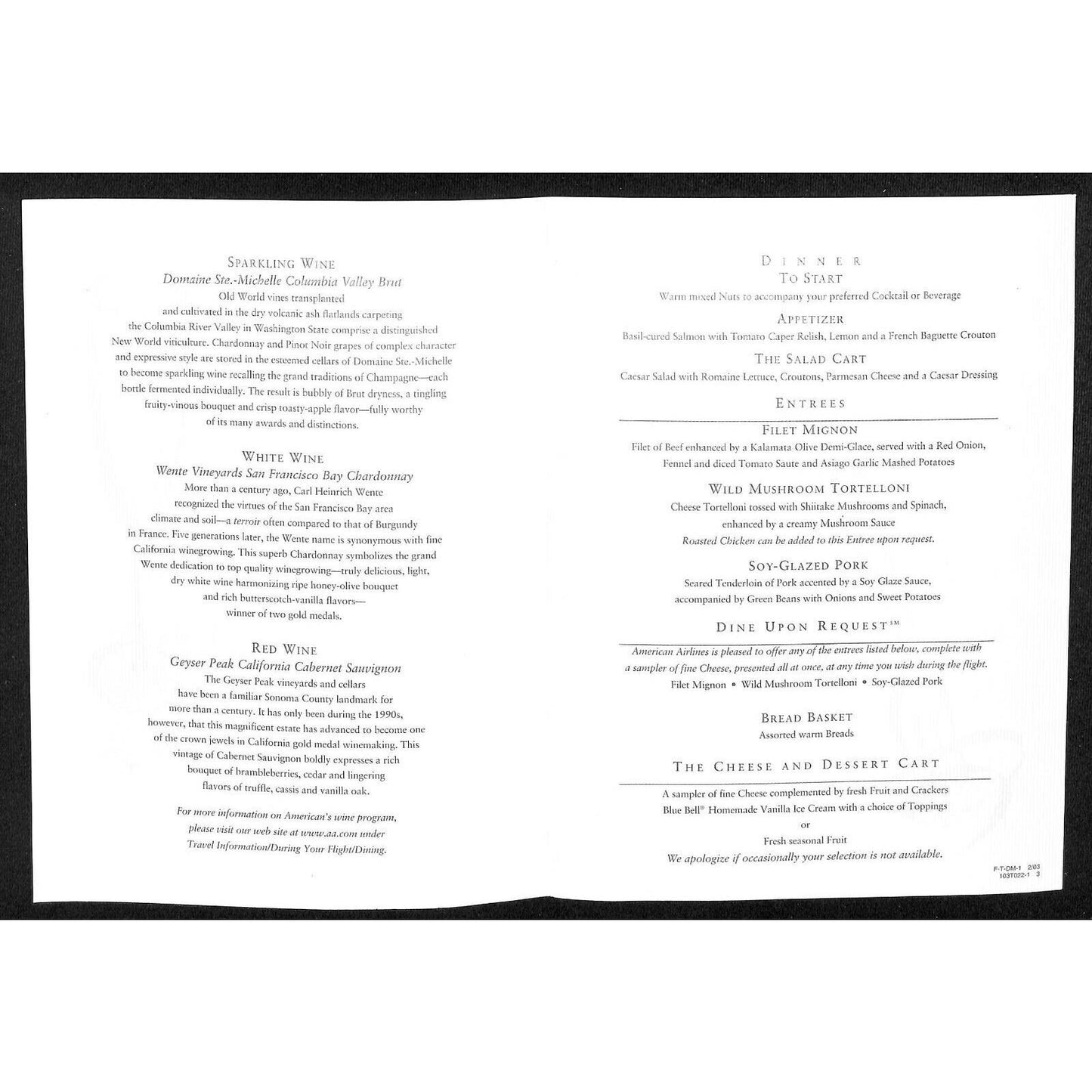 2003 American Airlines First Class Dinner Wine Entrée Menu