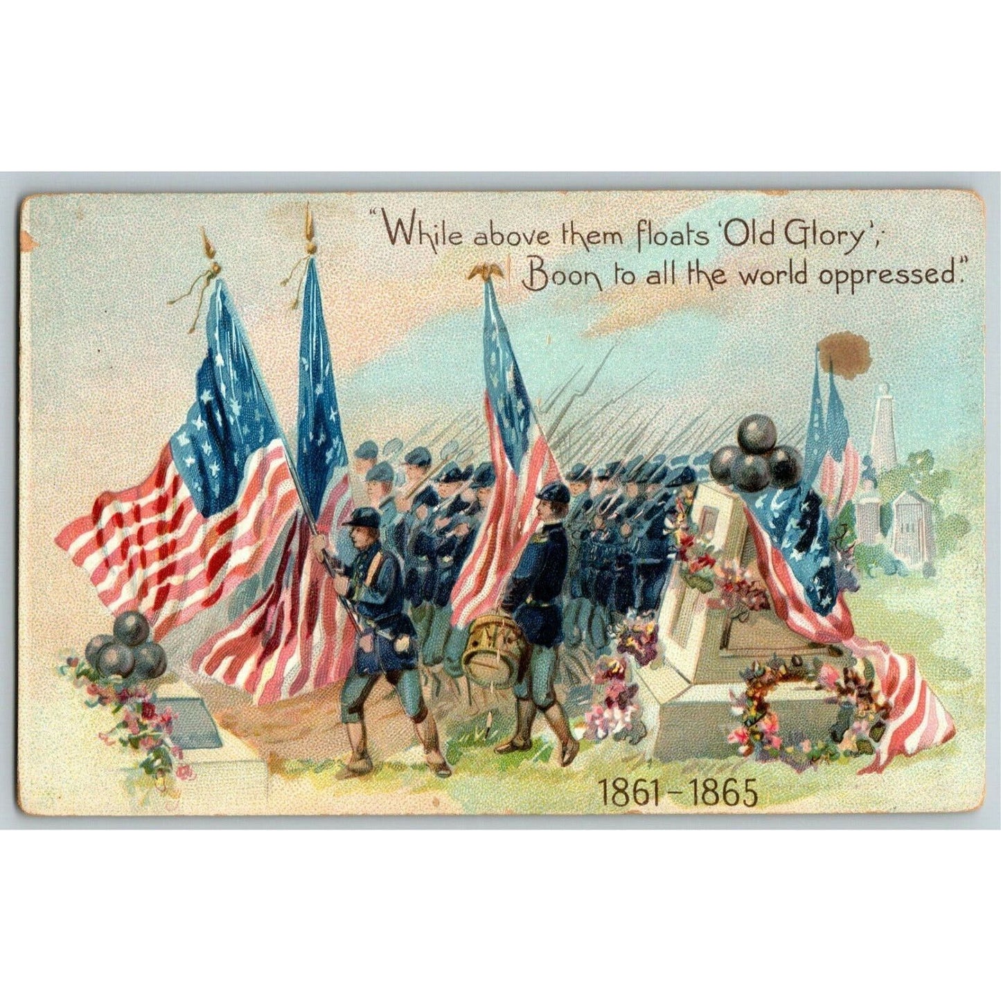 Vintage Patriotic Postcard c1915 Old Glory U.S. Flag / Soldiers - Embossed