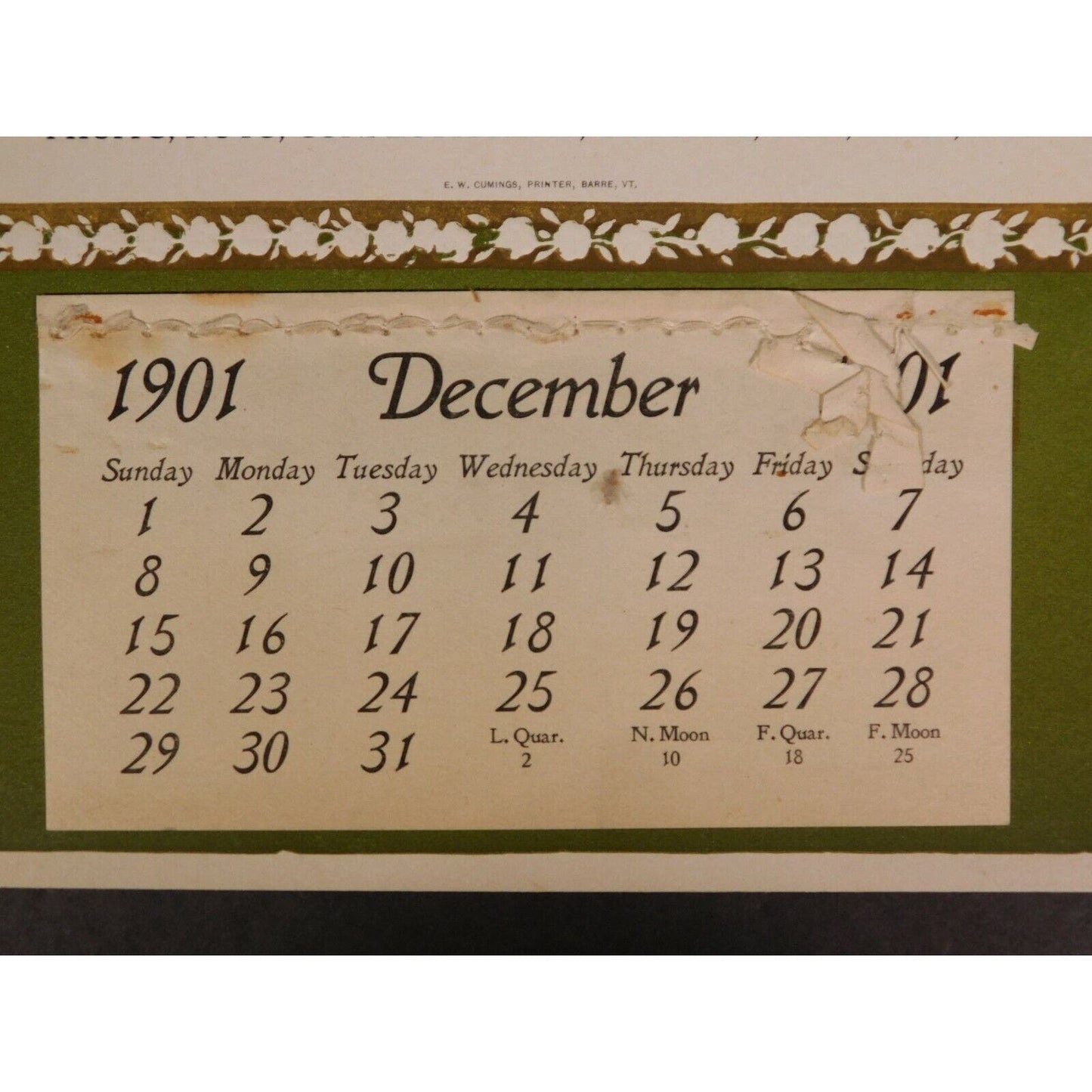 J. B. Brockway Groceries Flour..Oysters Lard 1901 Calendar Vermont