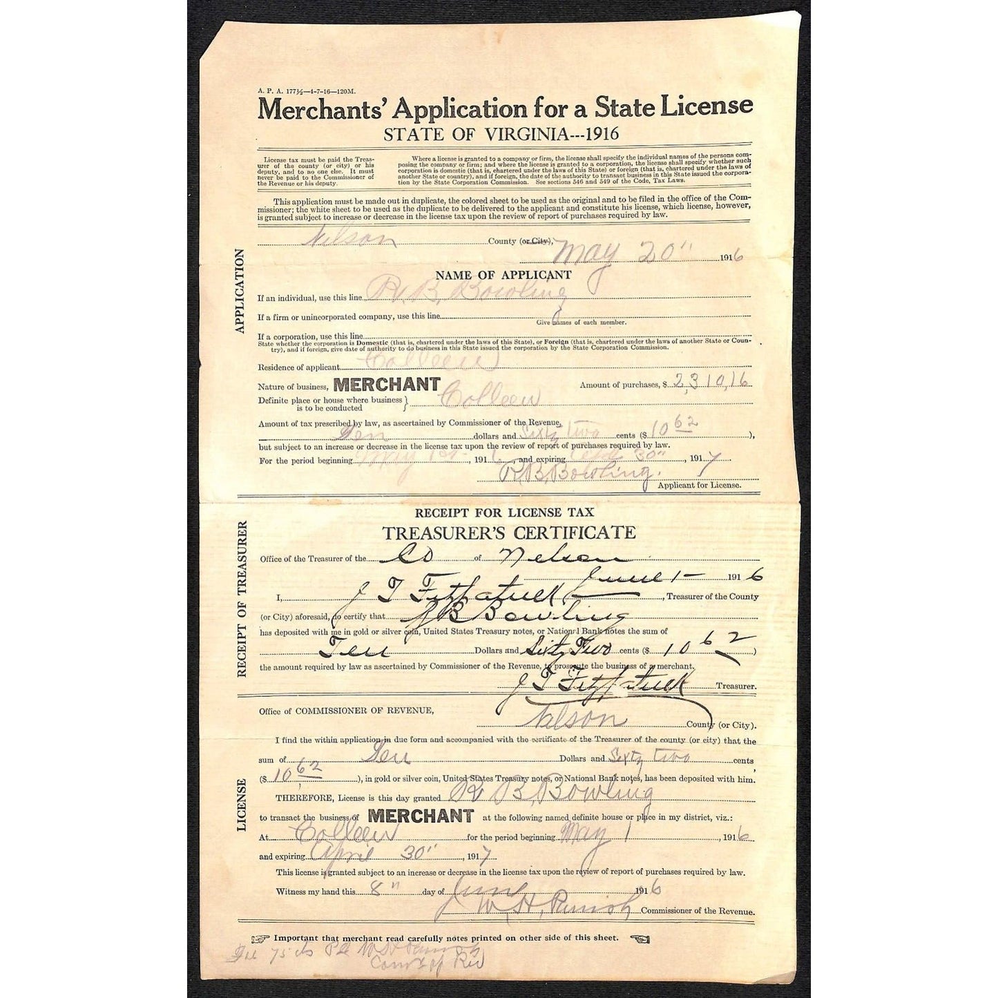 1916 Virginia Application State License Merchant Tax -Paid in Gold / Silver Coin