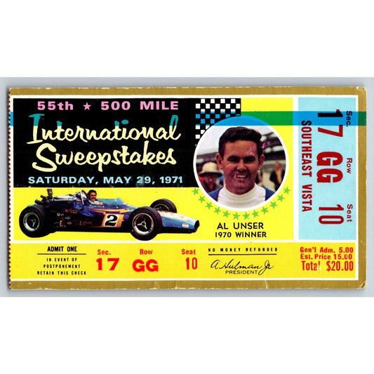 1971 Indianapolis 500 Ticket Stub w/ Al Unser Racing IMS Seat 10 VGC