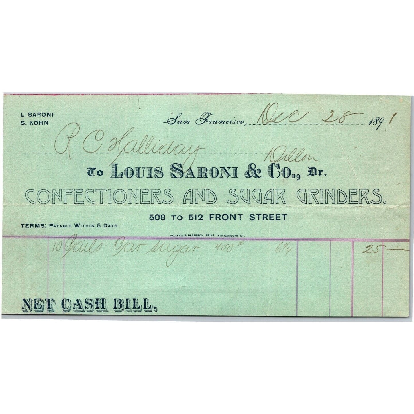 1891 Louis Saroni & Co. Confectioners Sugar Grinders San Francisco Letterhead