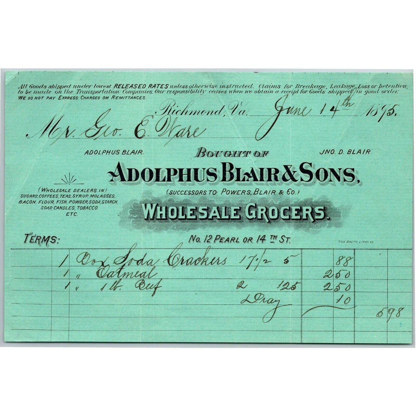 Adolphus Blair & Sons Grocers Richmond, VA Letterhead o Geo. E. Wear 1895