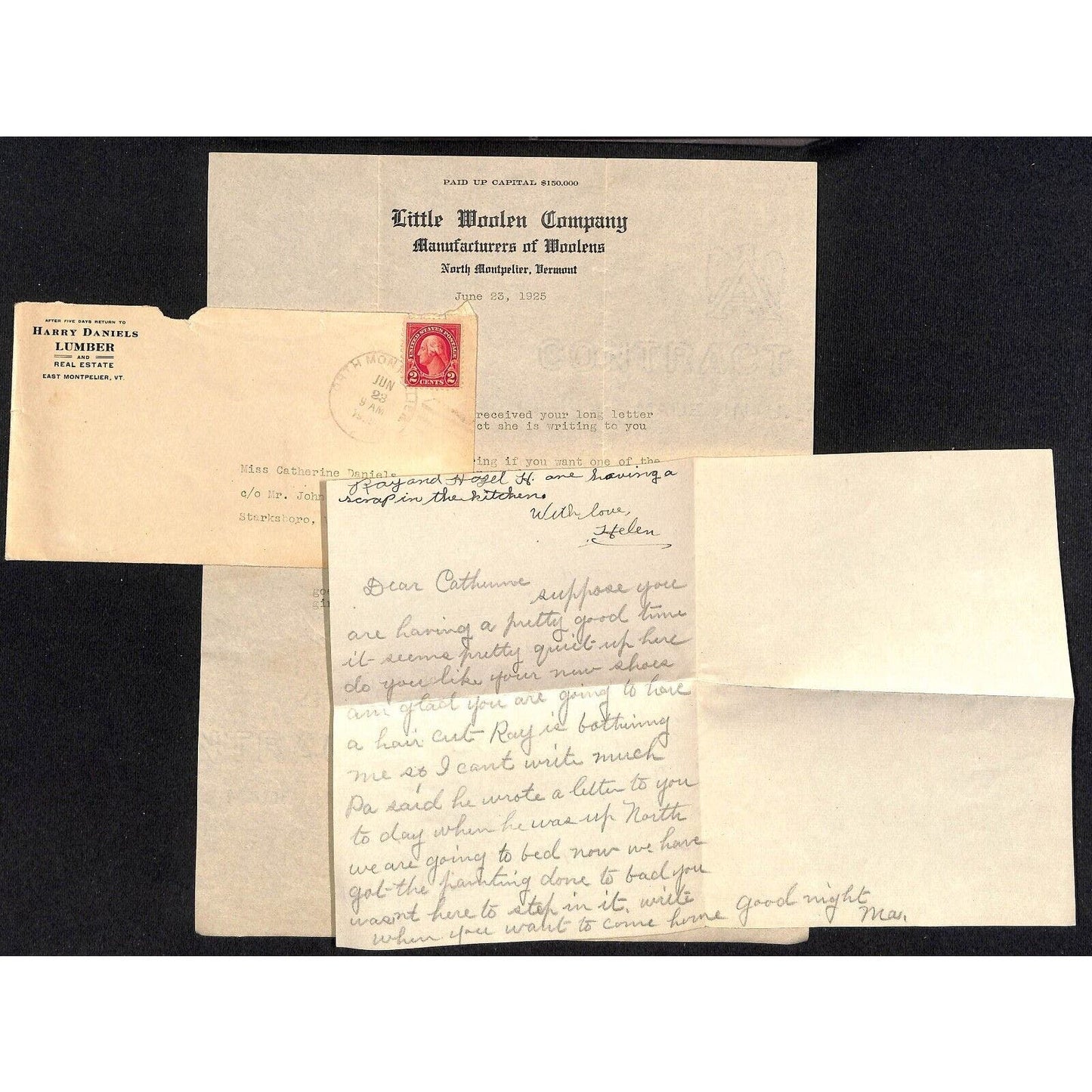 East / North Montpelier, VT 1925 ALS & Harry Daniel Lumber Cover + Letterhead