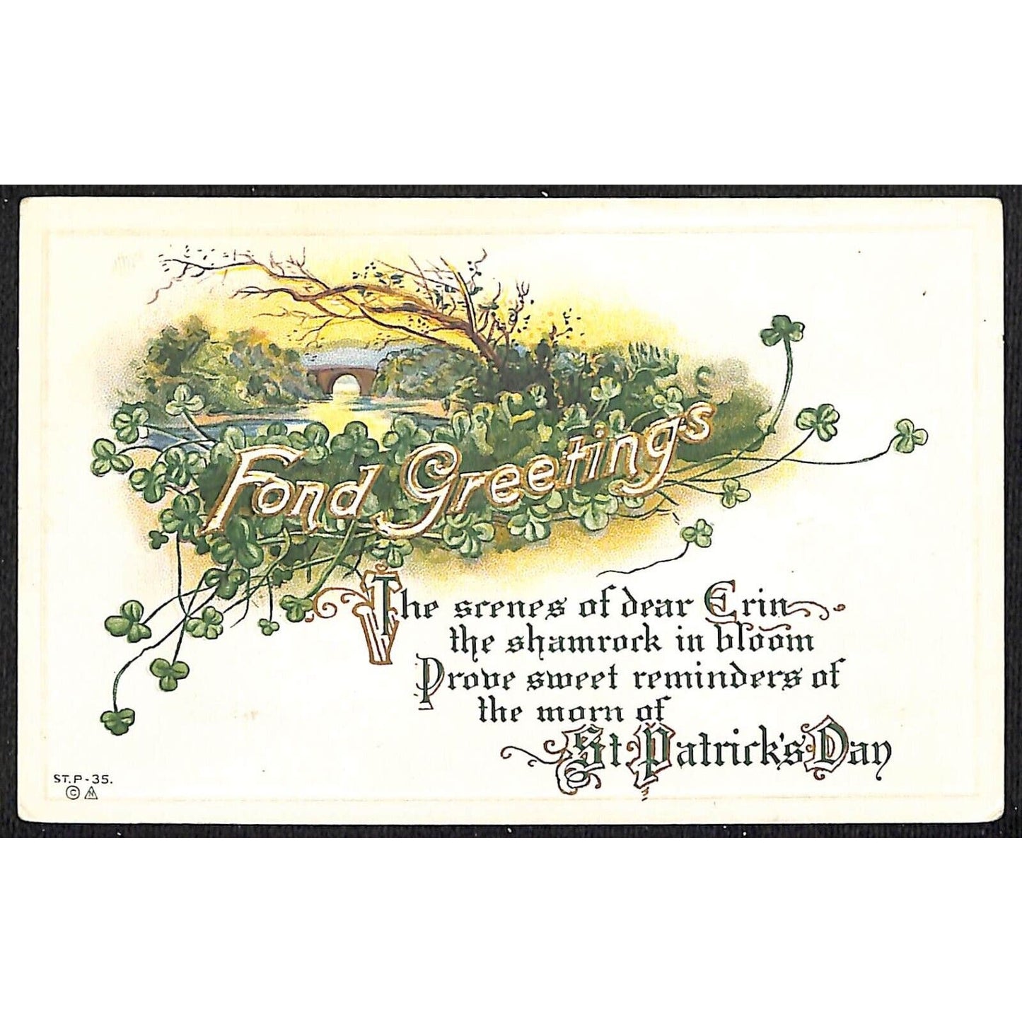St. Patrick's Day Postcard Fond Greetings Clovers Gilt Embossed NP c1910-15
