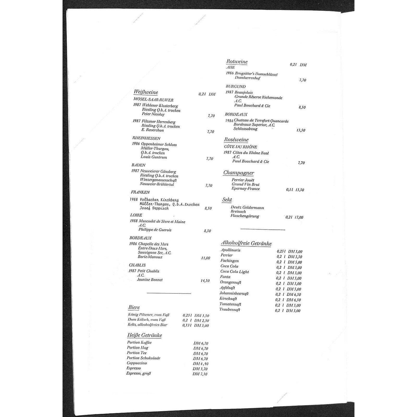 Dom-Hotel Koln-Cologne Restaurant Menu c1990's "Atelier on Dom"
