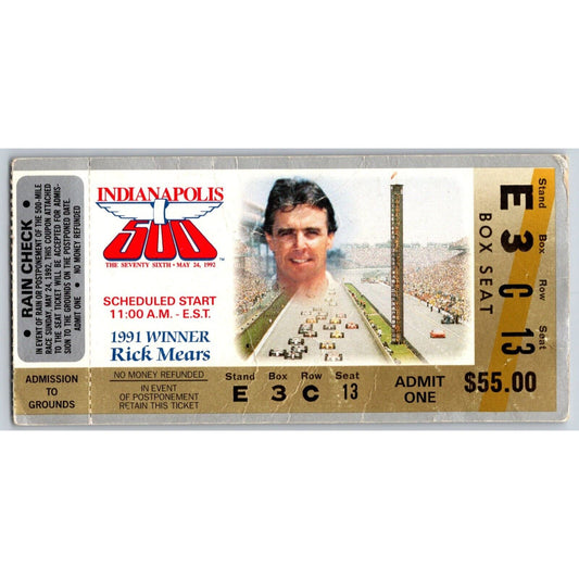 1992 Indianapolis 500 Ticket Stub Racing IMS Rick Mears - seat 13