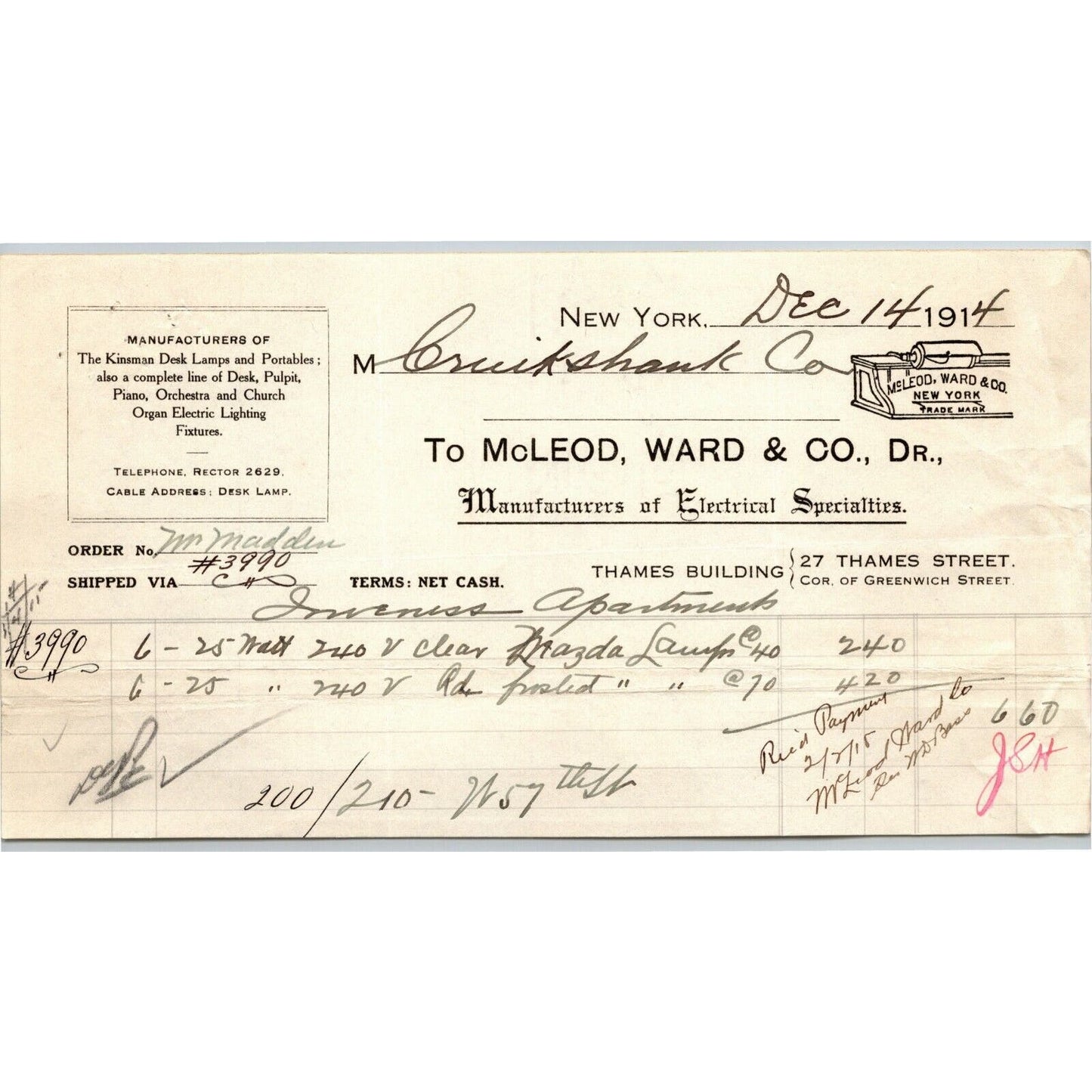 1914 McLeod, Ward & Co. Electrical Letterhead Mazda Lamps - 27 Thames St. NYC