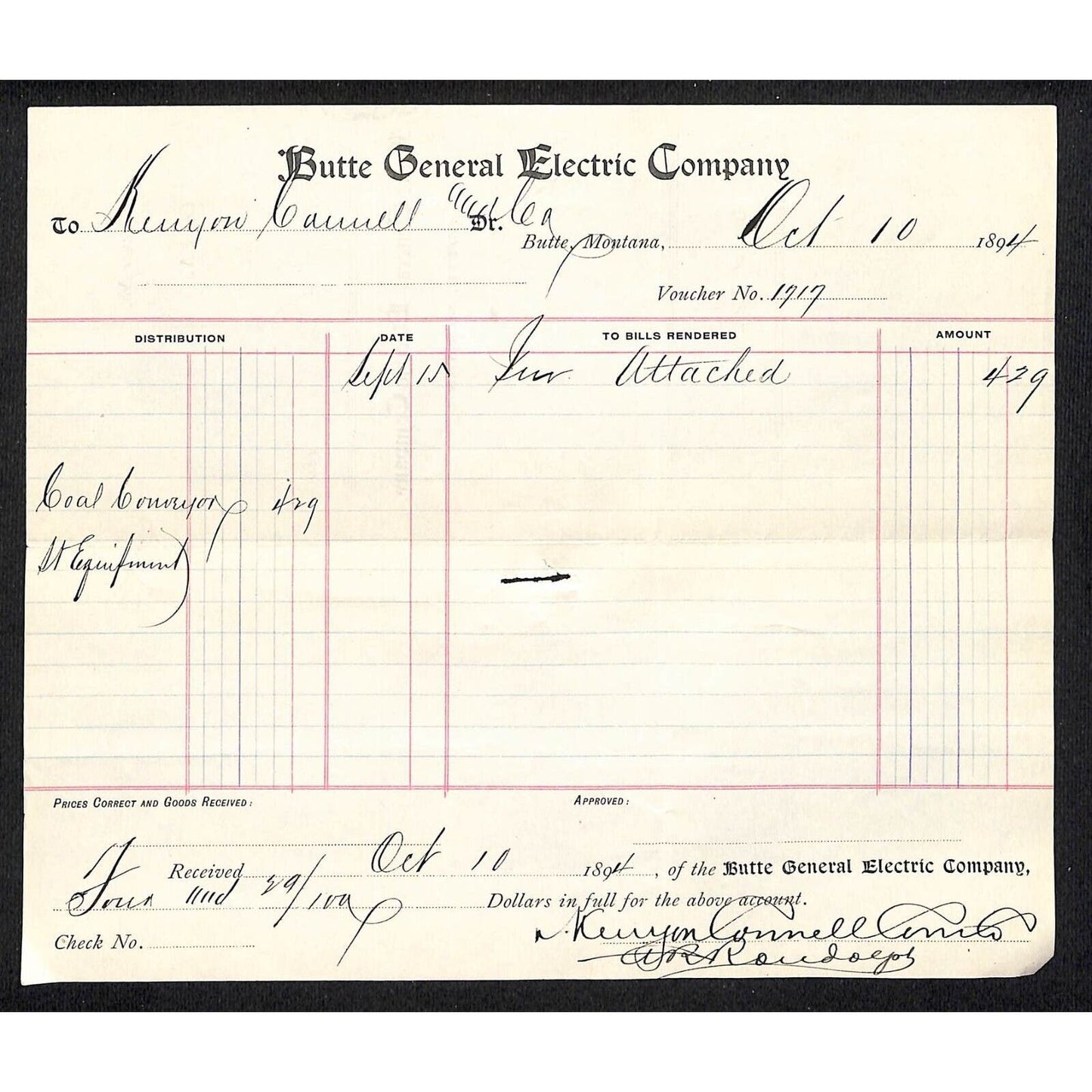Butte, MT General Electric Power Company 1894 Billhead