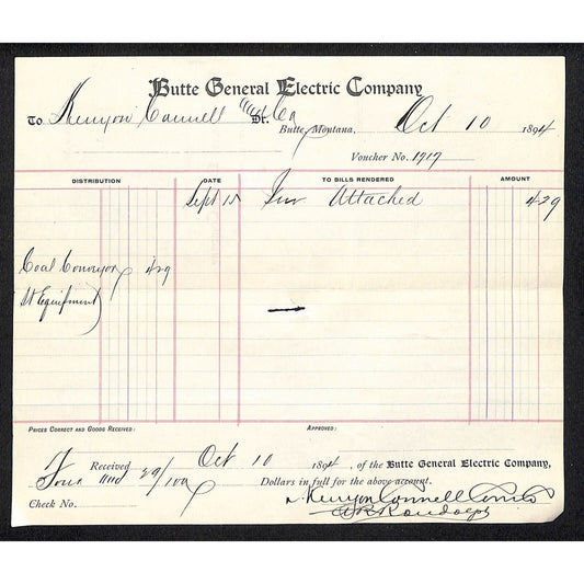 Butte, MT General Electric Power Company 1894 Billhead