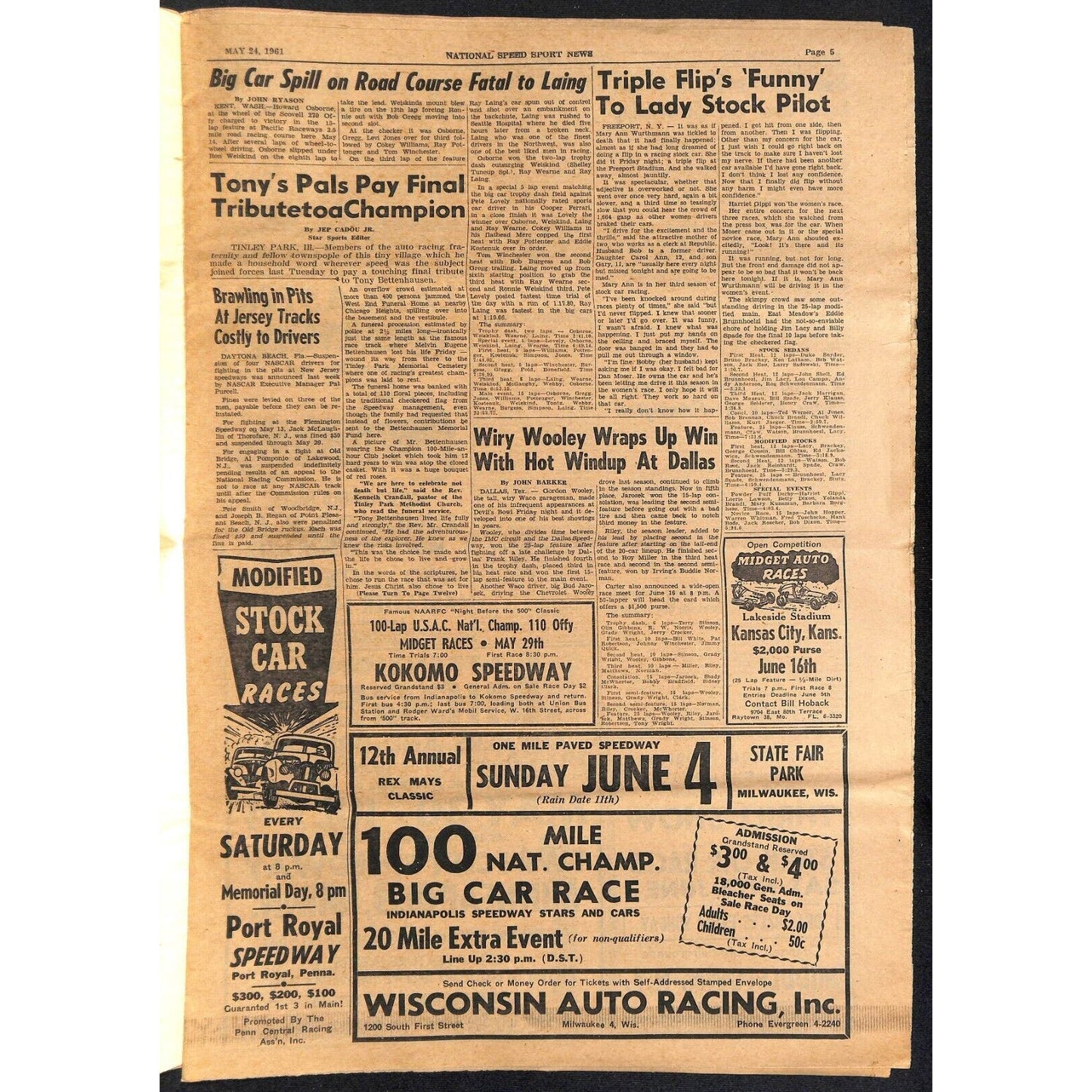National Speed Sport News 5/24 1961 "Fastest Indy Field Ready" Racing 15pp VGC