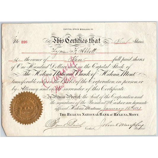 Helena National Bank, Montana 1891 Stock Certificate Cert# 226 for 10 Shares
