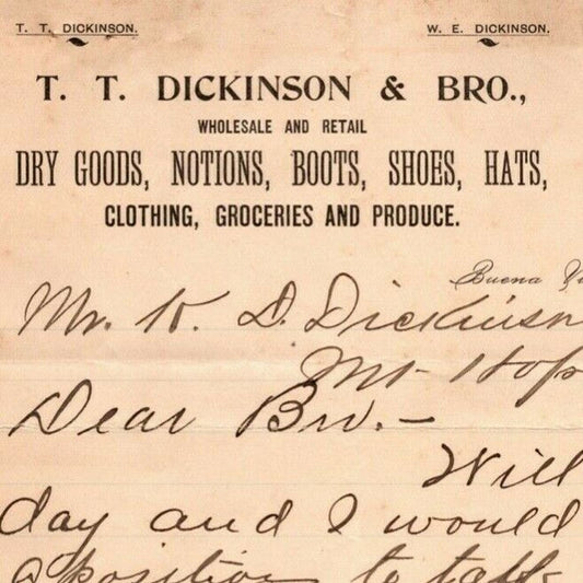 1899 Scarce Buena Vista, VA Letterhead T.T. Dickinson & Bro. Dry Goods Notions