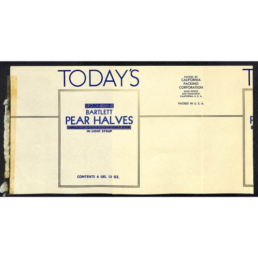 1946 Paper Can Label Today's Bartlett Pear Halves California Packing - w/ Gilt