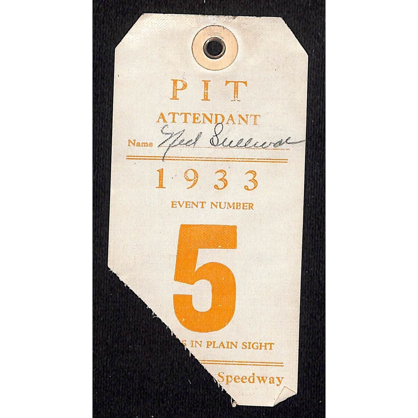 1933 Legion Ascot Speedway Pit Pass / Pit Attendant Event Number 5 - VERY Scarce