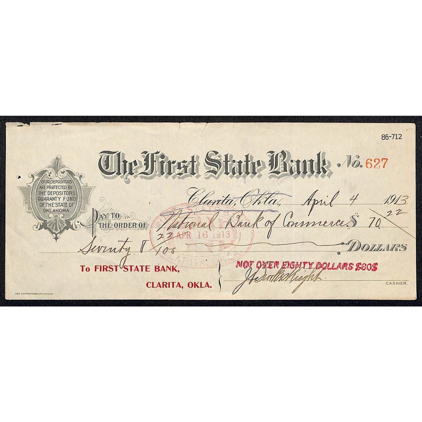Clarita, OK 1913 First State Bank Check - Scarce