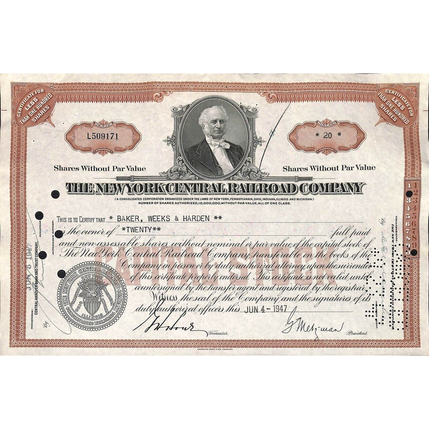 Group of 20 1960's New York Central Railroad Vintage Stock Certificates