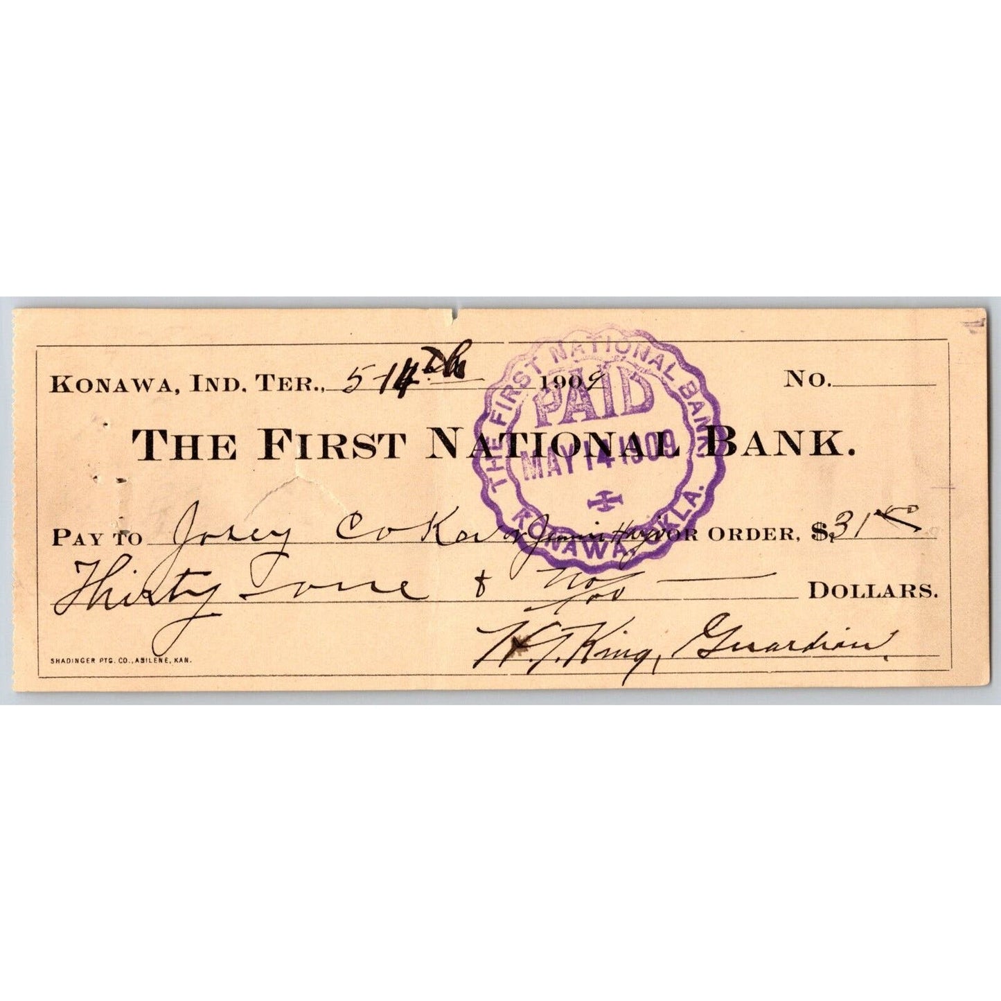 Konawa, Oklahoma 1909 "FNB" Bank Check - Scarce