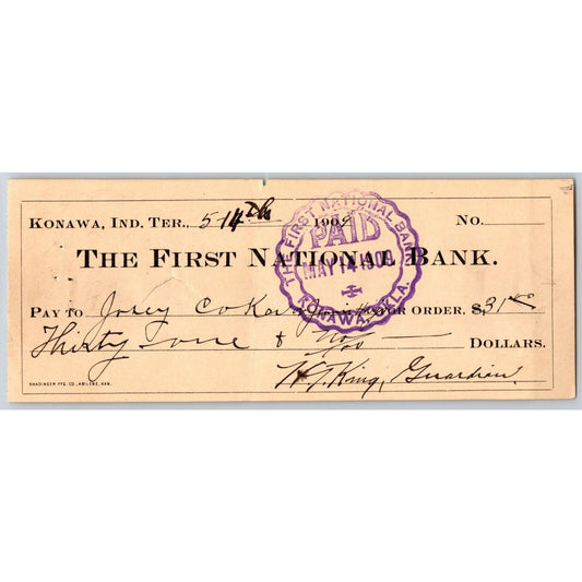 Konawa, Oklahoma 1909 "FNB" Bank Check - Scarce