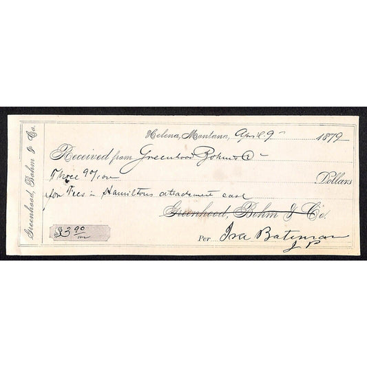 Helena Montana Greenhood Bohm & Co. (Clothiers) 1879 Payment Receipt