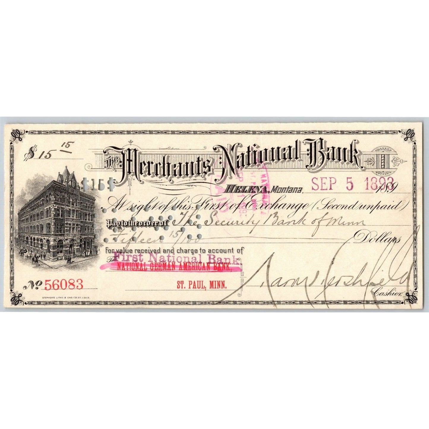 Helena Montana Merchants National Bank Check 1893 First St. Paul w/ Vignette