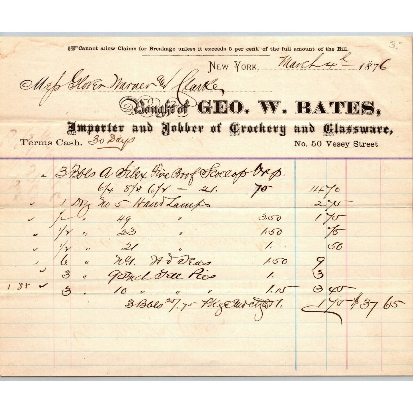 Geo. W. Bates NY, NY to Glover, Warner & Clarke Sandy Hook Letterhead 1876
