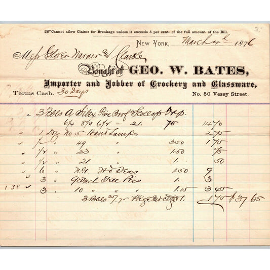 Geo. W. Bates NY, NY to Glover, Warner & Clarke Sandy Hook Letterhead 1876