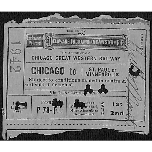 Delaware Lackawanna & Western Railroad 1910 Ticket Chicago St. Paul #1942