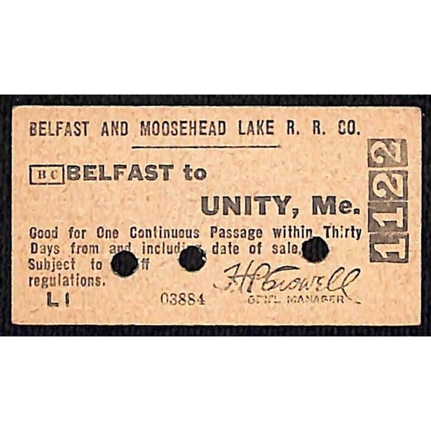 Belfast and Moosehead Lake Railroad c1935 Ticket to Unity, ME #1122