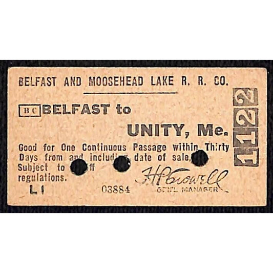 Belfast and Moosehead Lake Railroad c1935 Ticket to Unity, ME #1122