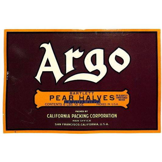 1943 Paper Can Label Argo Brand Bartlett Pear Halves 6 Lbs. VGC Scarce