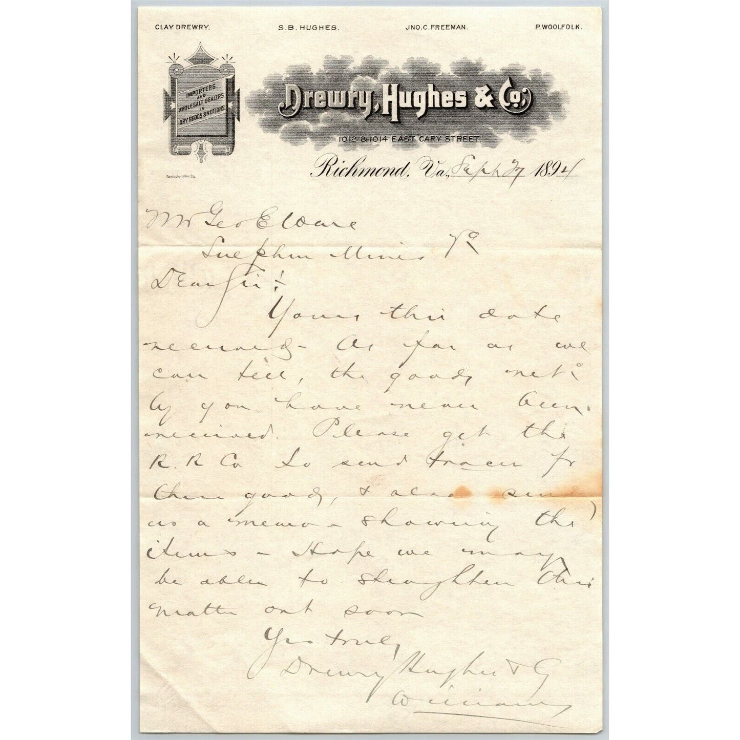 Drewry, Hughes & Co. (Dry Goods) Letterhead Richmond, VA to: Geo. E. Wear - 1894