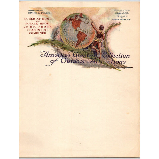 "World at Home Shows" Circus Letterhead 1921 NY / Chicago Globe Art Very Scarce