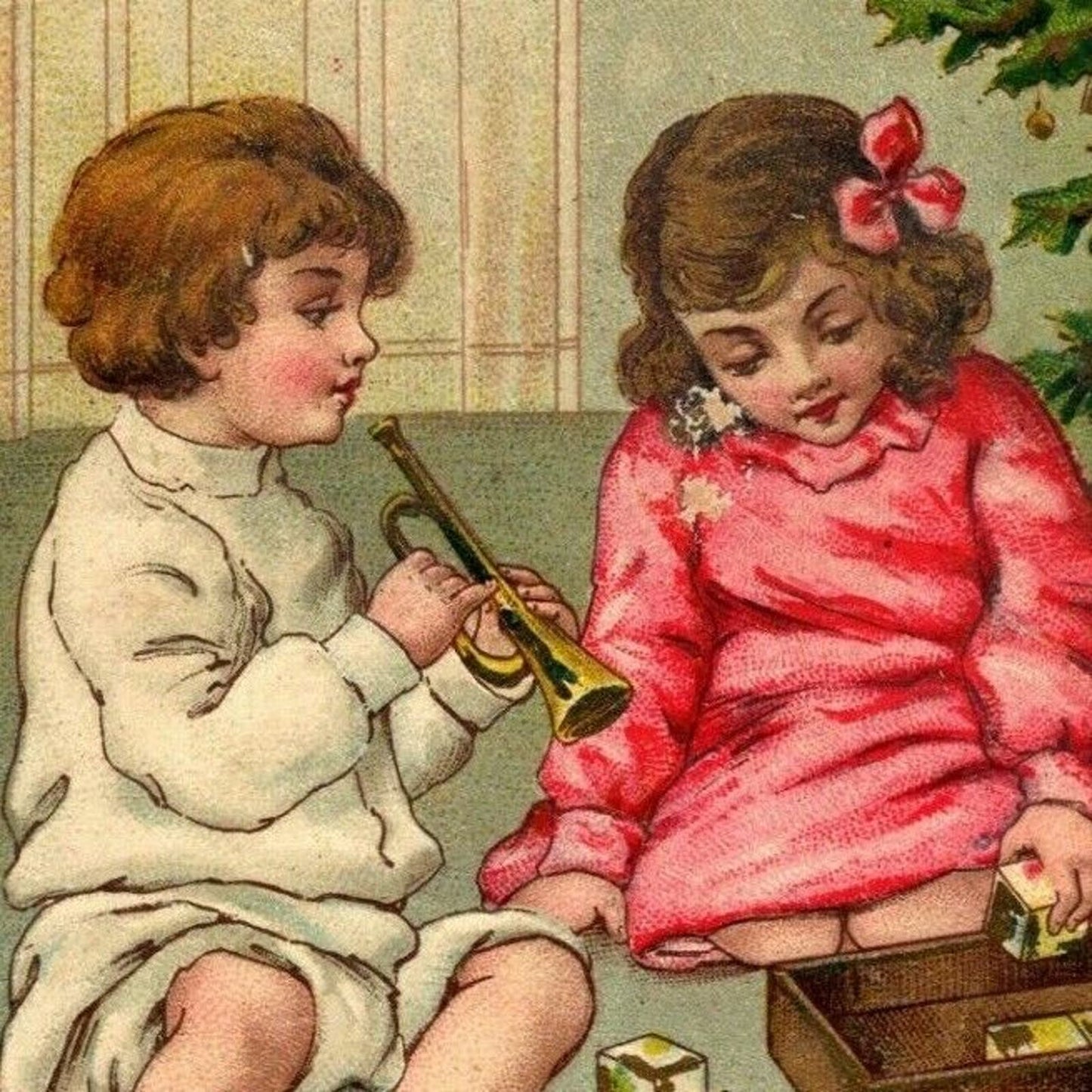 Vintage Postcard c1915 Boy & Girl Opening Presents Under Christmas Tree - Emboss