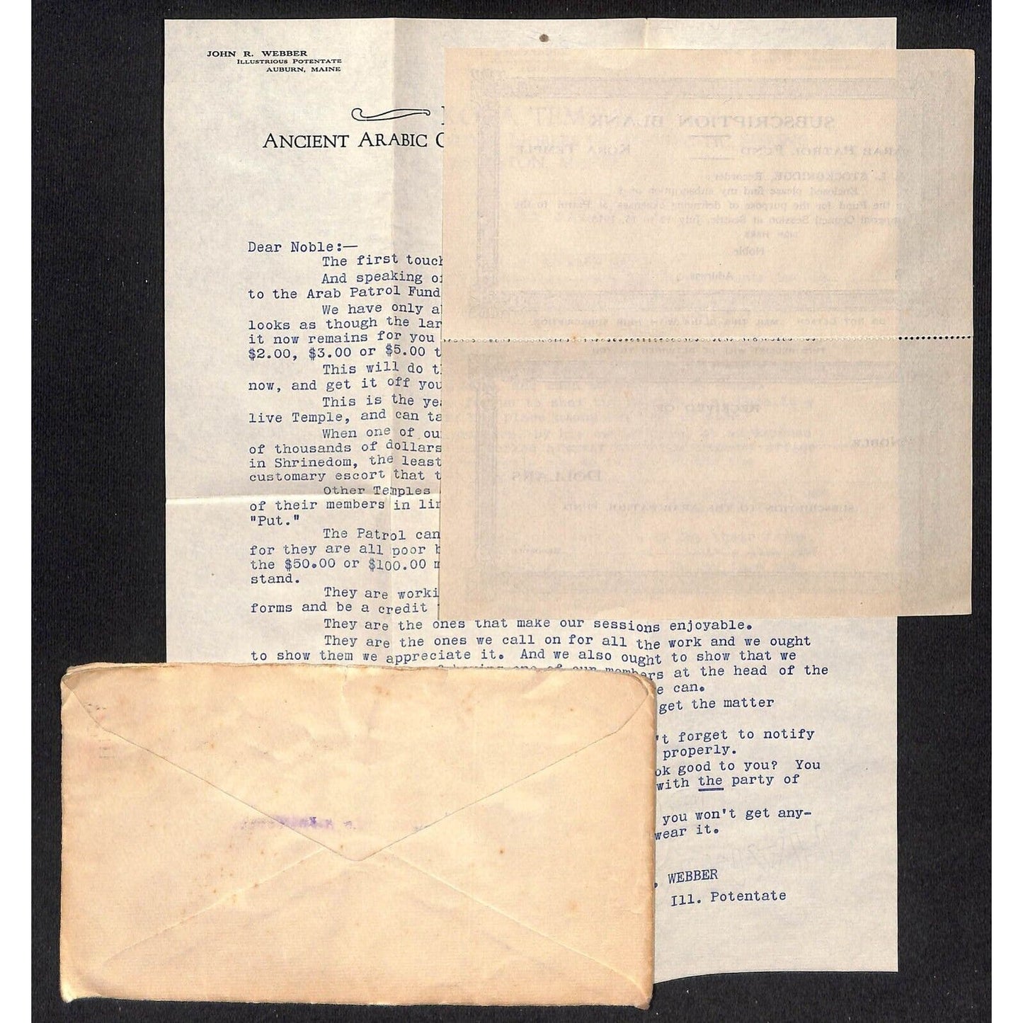 Newburgh, ME Amos W. Knowlton* 1915 "Kora Temple" Third Call Letterhead